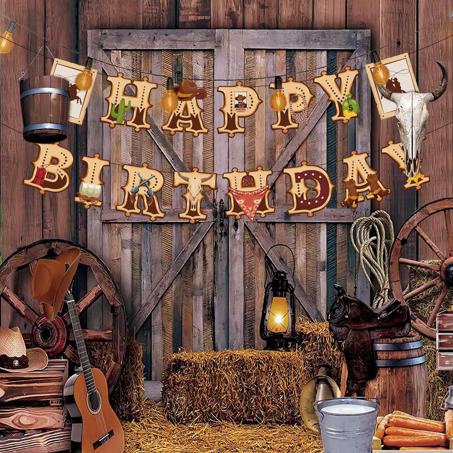 Decoraciones de fiesta de vaquero para niños, pancarta de feliz cumpleaños de vaquero occidental, pancarta de cumpleaños de botas para primera fiesta de vaquero, suministros de decoración de