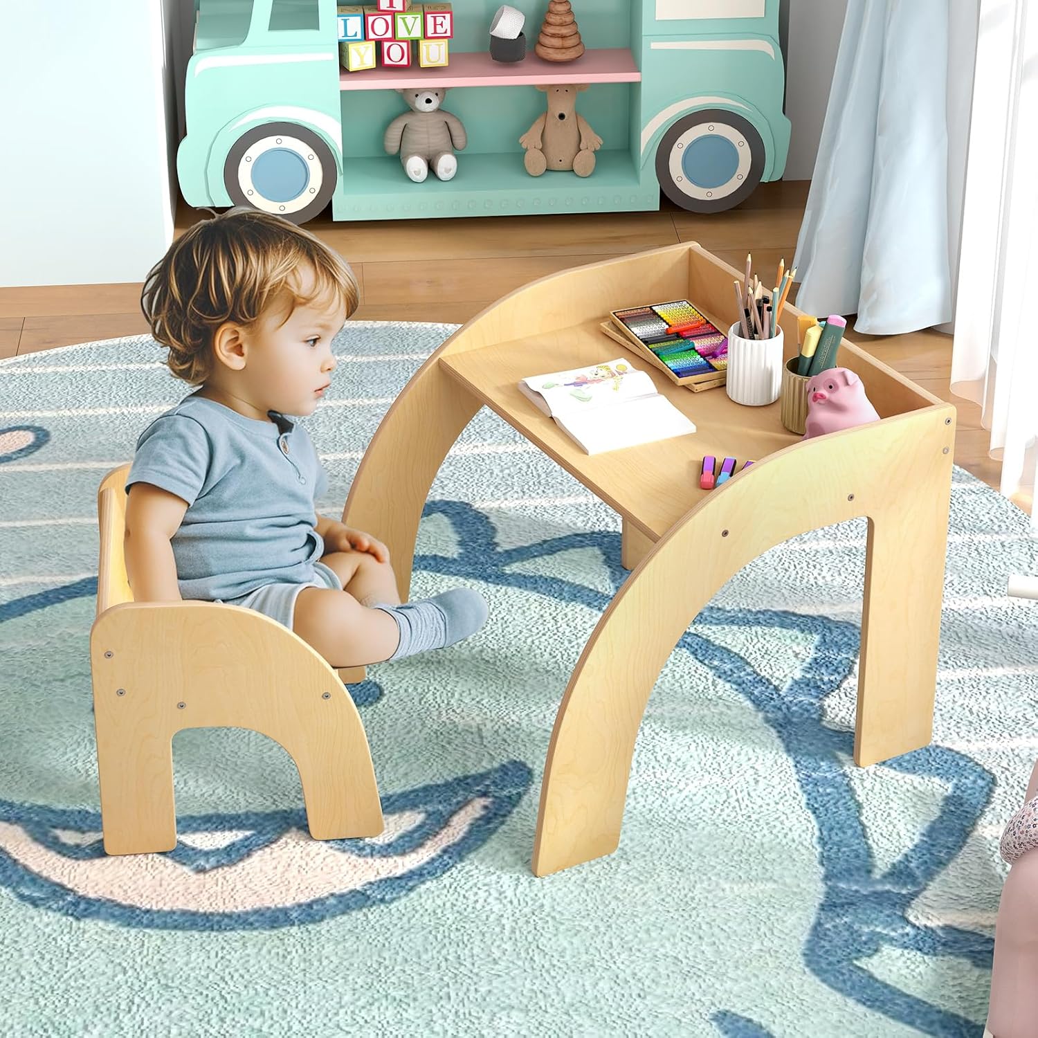 Costzon Kids Table and Chairs, Montessori Weaning Wooden Desk and Chair w/Wide Tabletop, Curved Edges, Space-Saving Design for Kids' Room, Nursery and Playroom, Toddler Table and Chair Set (Natural)