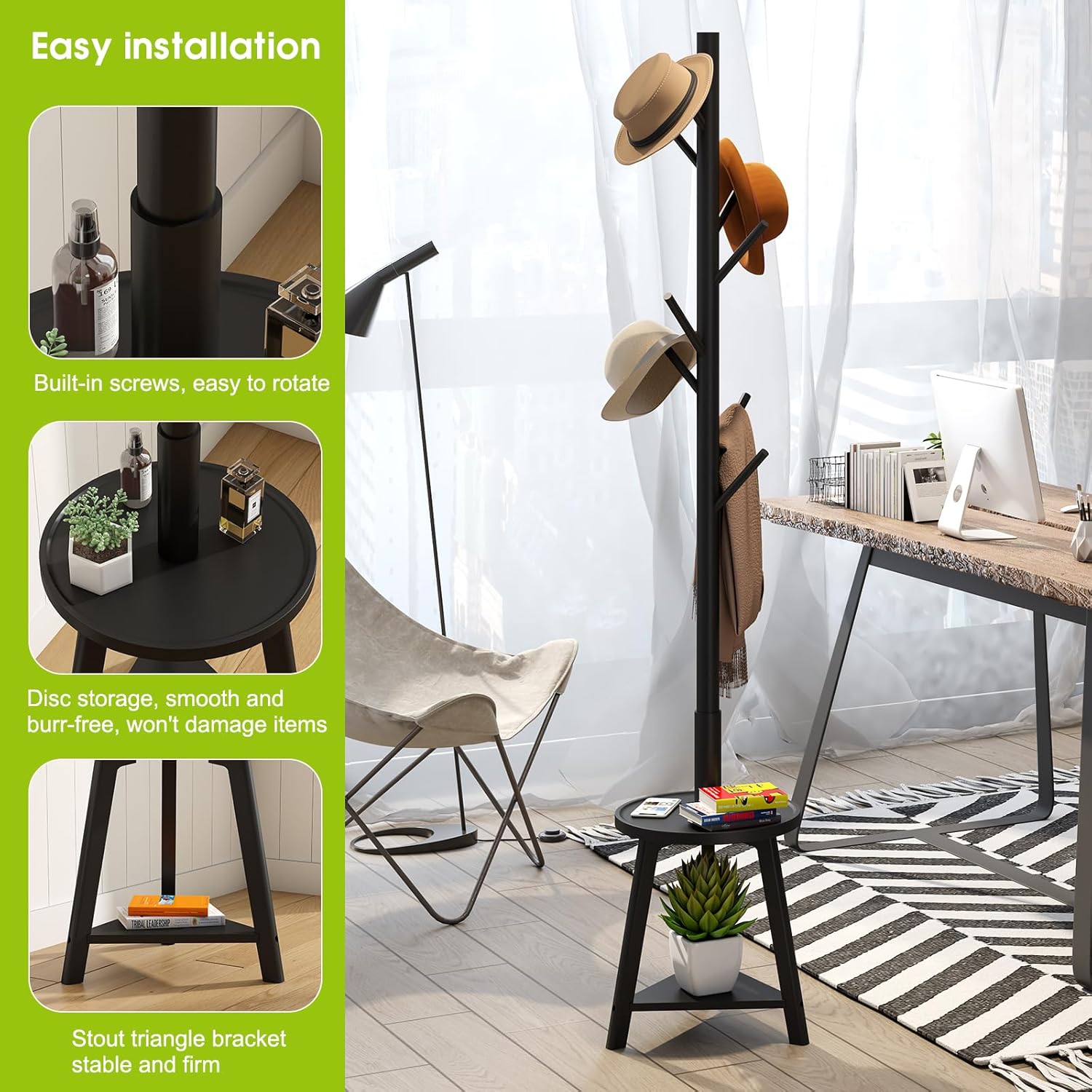 Close-up images showing the easy installation features of the BMOSU coat rack, including built-in screws for rotation, smooth disc storage, and a stable triangular bracket.