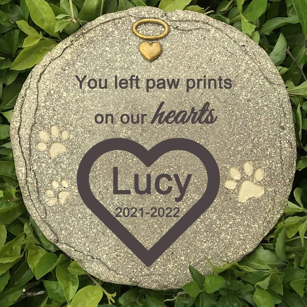 Engraved Pet Memorial Garden Stone, Personalized Pet Grave Marker Tombstone Garden Stone with Sympathy Poem You Left Paw Prints On Our Hearts.