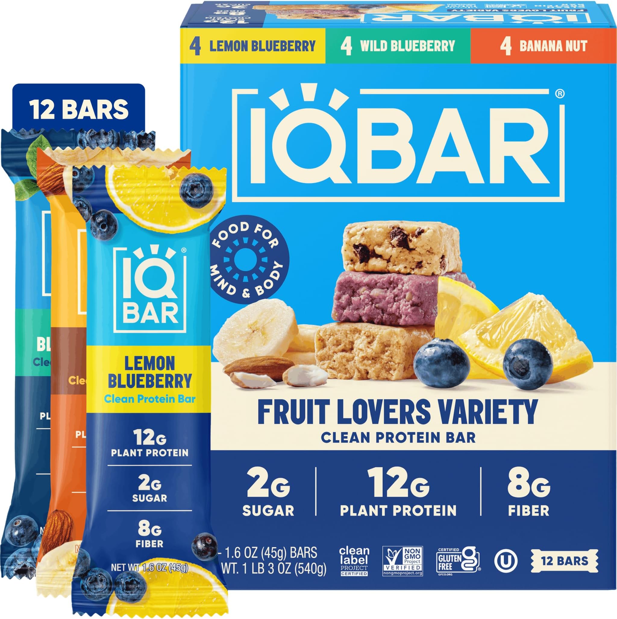 IQBAR Clean High Protein Bars, Low Sugar Snack, Fruit Variety 12ct