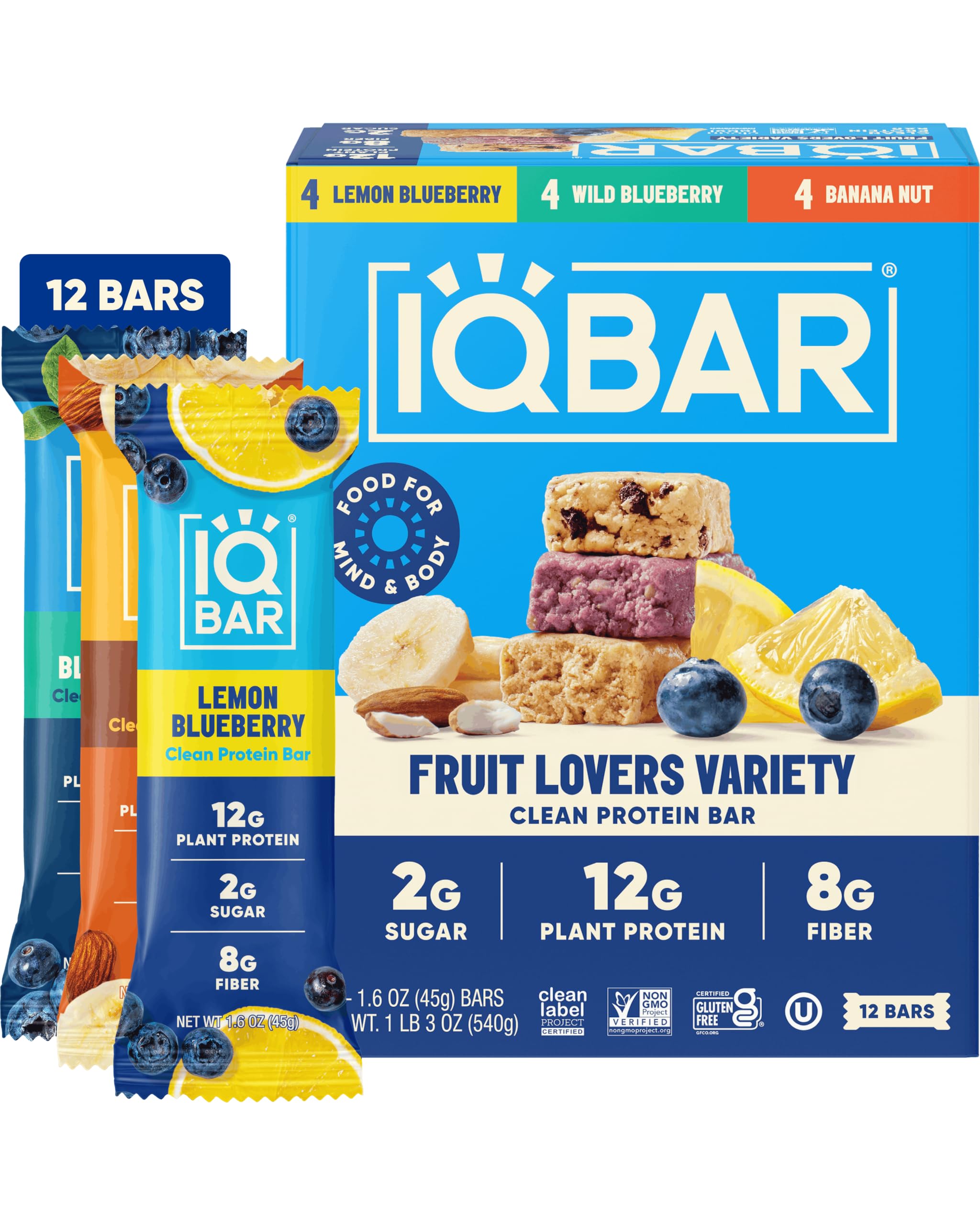 IQBAR Clean High Protein Bars, Low Sugar Snack, Fruit Variety 12ct