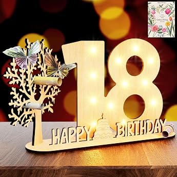 Original 18th Birthday Gift Girls & Boys - 18th Money Gift Birthday with LED Fairy Lights - 18th Birthday Decoration Wooden Sign Happy Birthday Stand & Guest Book Personalised Gift