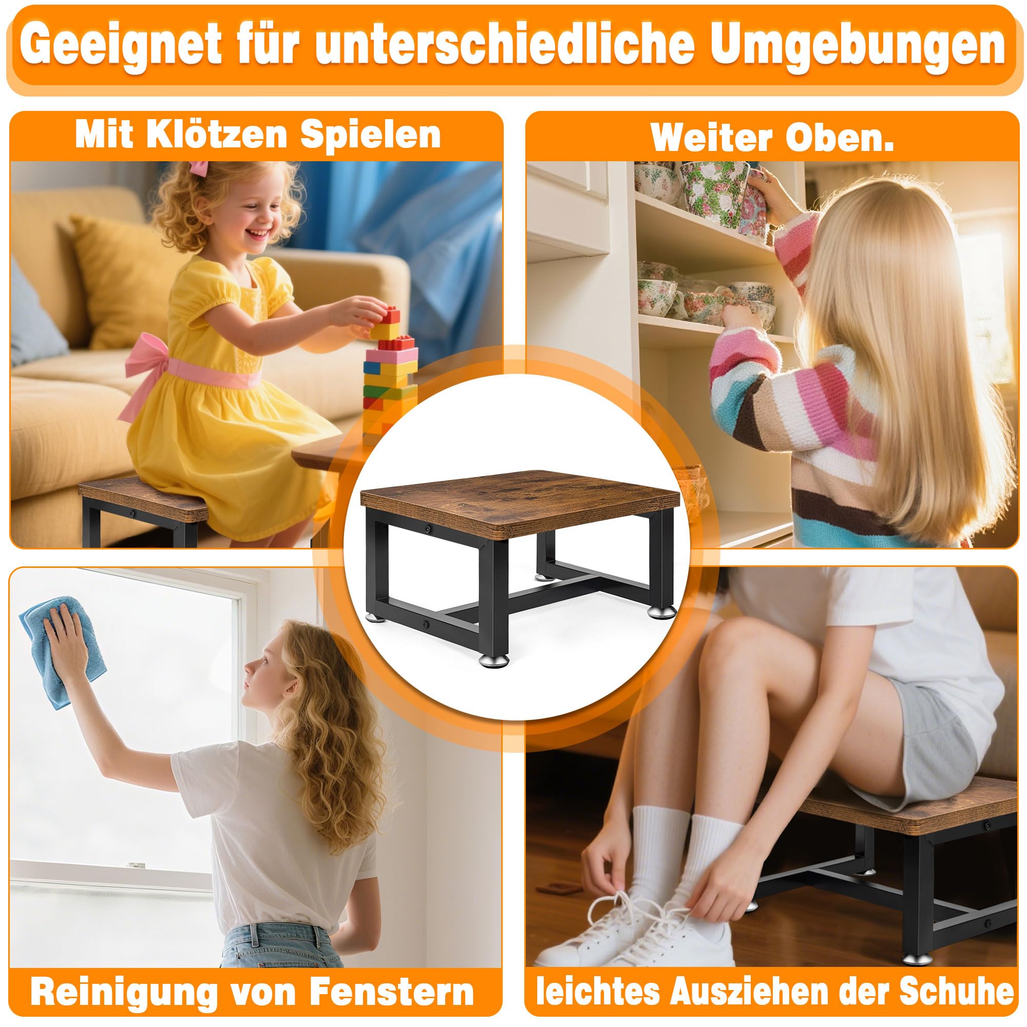 Tritthocker Kinder Stufen, Verdickter Unterbalken, Holz Fußhocker | Bis zu 300 Lbs Belastbarkeit, Für Küche, Bad, Kinderzimmer, Stabile Konstruktion,Metallrahmen,1L