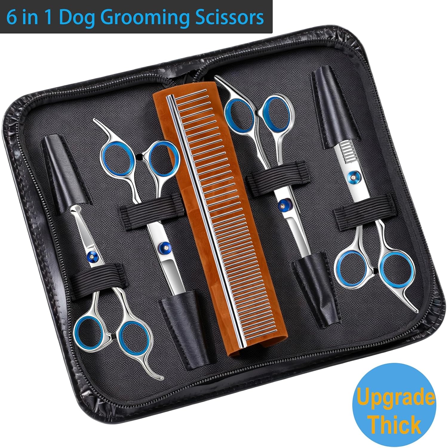 6 in 1 Thick Professional Dog Grooming Scissors wtih Safety Round Tips Dog | Sharp and Heavy Duty Titanium Coated 4CR Stainless Blades, Thinning Shears Set for Pet, Cat Grooming Kit, Blue