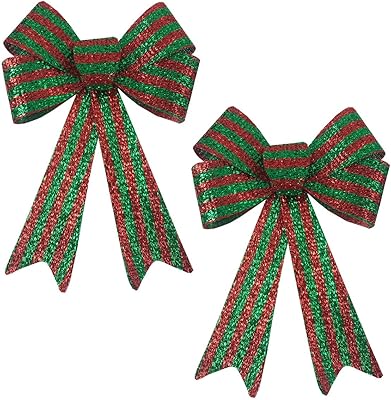 Happy Holidays 12.5 inch Christmas Decoration Bow - Red and Green Striped Shimmer - Great for Indoor, Outdoor, Tree, Decor, Crafts, Wrapping, Wreath (Large Set of 2)