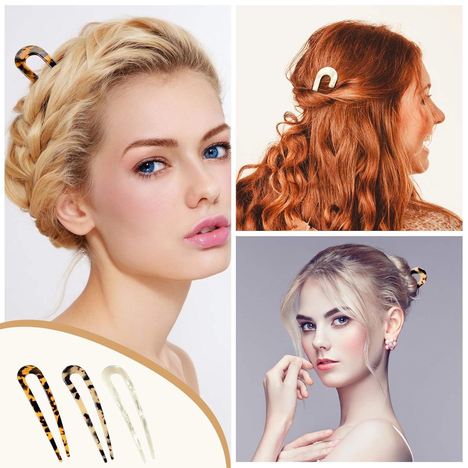 6 Pieces French Tortoise Hair Pins Tortoise Shell U Shaped Clips Large Wavy Crink Chignon Pins Cellulose Acetate Updo Bun Hair Sticks with 2 Prongs for Women Girls Hairstyle Accessories (Retro) : Beauty & Personal Care