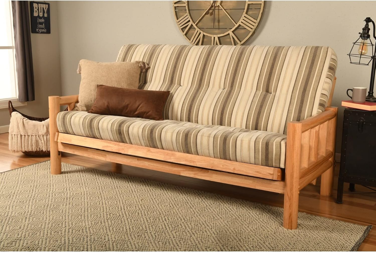 Lodge Futon in Natural Finish with Gray Mattress Grey Traditional Pattern Polyester Multi-Position Tufted