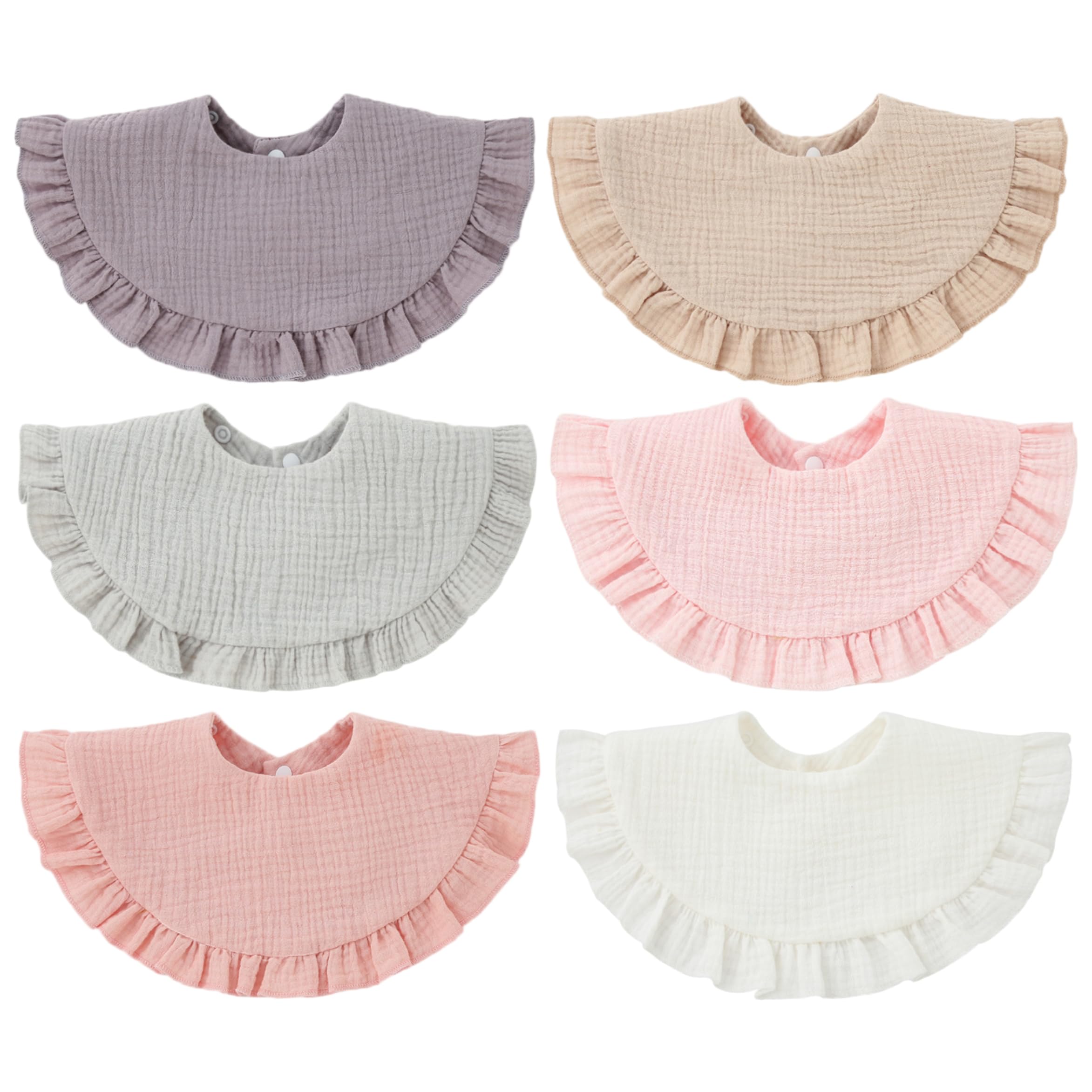 Xoeryoy Newborn Bibs, 6 Pack Muslin Bibs For Baby Girl - Adjustable Snap Closure, Lace Trim Drool Multiple Sweet Colors