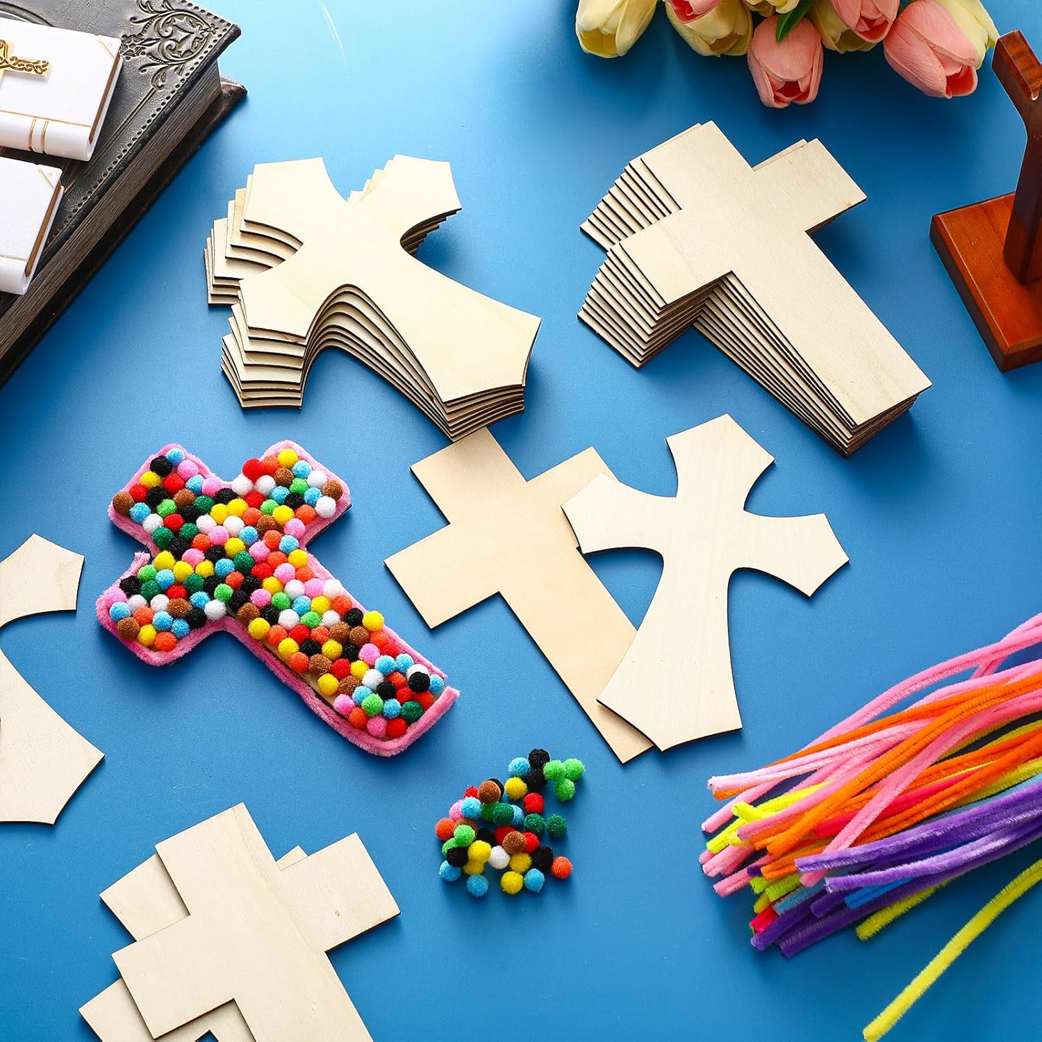 Blueweenly 24 Sets DIY Wooden Cross Crafts for Kids Sunday School Vacation Bible School Supplies Include Wood Cross 100 Pipe Cleaners 200 Pom Poms for Easter Church Activity Decoration