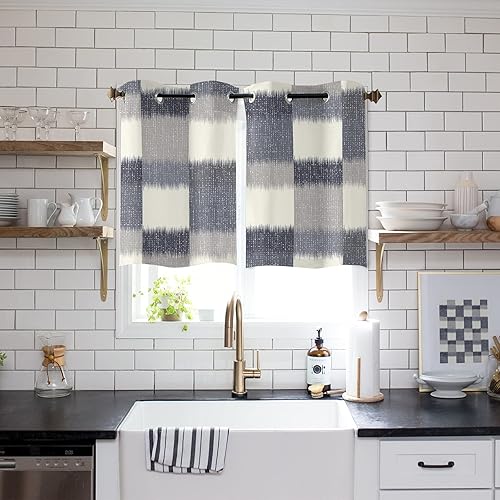 Libaoge Curtains Panels for Kitchen Modern Abstract Geometric Dark Blue Window Curtains Light Filtering Grommet Top Drapes for Bedroom Closet-Set of