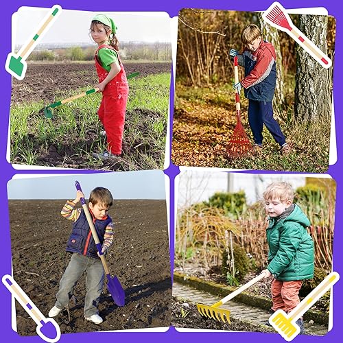 Miniatura 4 de Juego de 9 herramientas de jardinería para niños, juguetes con pala, rastrillo, azada y rastrillo de hojas para jugar al aire libre, juguetes
