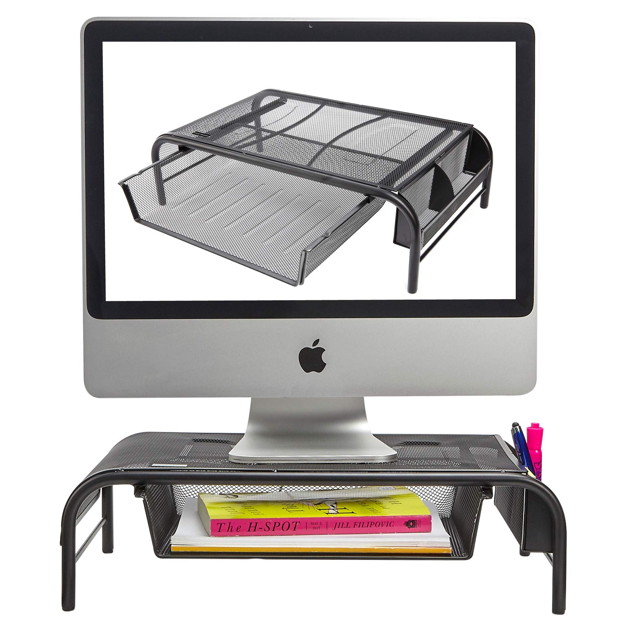 Dual Metal Mesh Monitor Stand – Pull Out Drawer, 2 Side Storage Compartments, Non-Skid Rubber Feet - Computer Screen Riser and Desk Organizer (1 Pack)