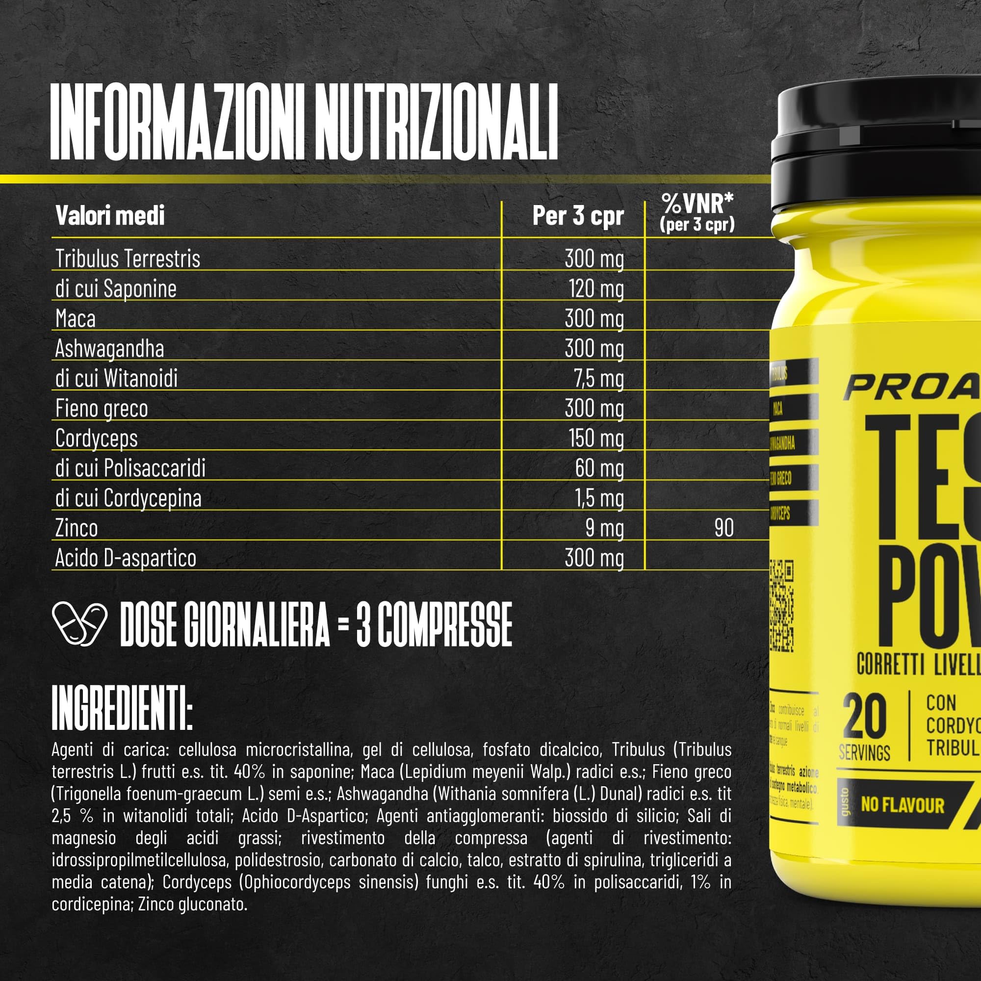 ProAction TESTO POWER | Testosterone Booster con Alto Dosaggio di Tribulus Terrestris, Maca Nera, Fieno Greco, Ashwagandha e Zinco | Integratore Testosterone Uomo per Aumento Massa Muscolare | 60 cpr