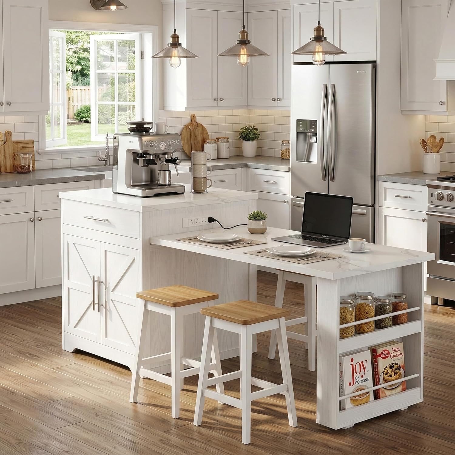 FUSUNBAO 78'' Kitchen Island with Extendable Dining Table for 4-6, Farmhouse Rolling Mobile Center Islands with Storage, Wine Glass Rack, Charging Station, 2 Drawers 2 Side Open Shelves, White