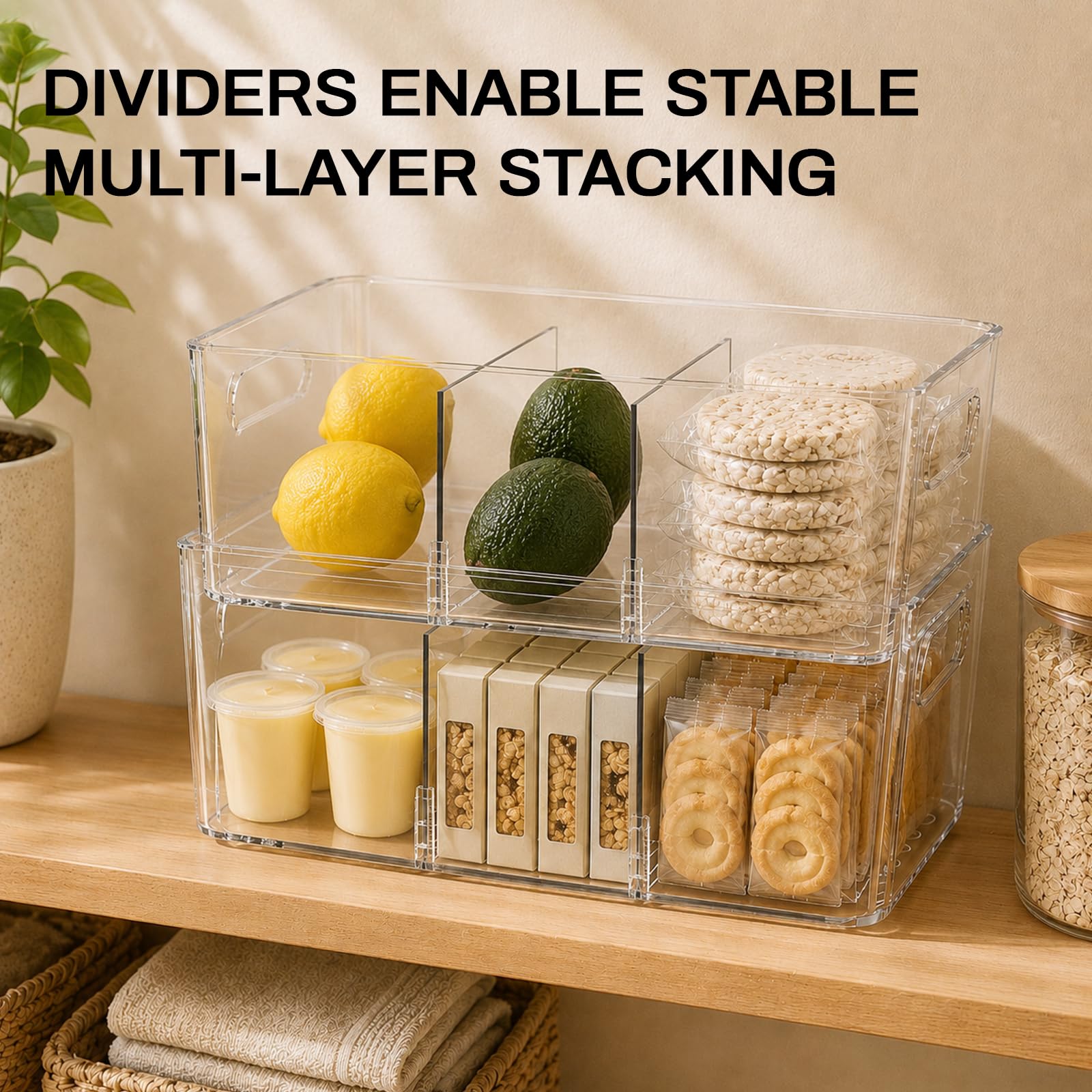 Mpotmiy Transparente Vorratsbehälter mit Trennwänden und Griffen, stapelbare Organizer für Küche, Kühlschrank, Schrank und Badezimmer, geeignet für Snacks, Getränke, Gewürze, Obst, Teebeutel, 8 Stück