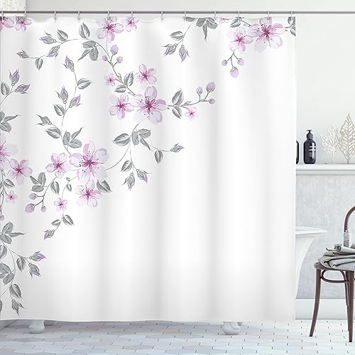 Ambesonne Cortina de ducha asiática, ramas de cerezo Sakura japonés, naturaleza fresca y serena de primavera, juego de decoración de baño de tela