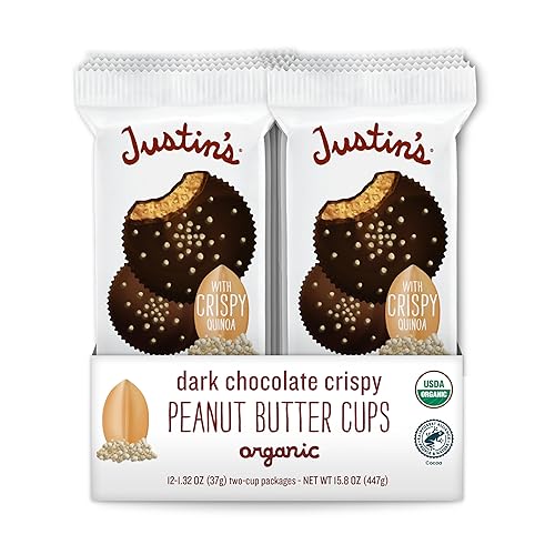 Justins's - Tazas de mantequilla de maní de chocolate negro crujiente orgánico, cacao certificado Rainforest Alliance, sin gluten, de origen