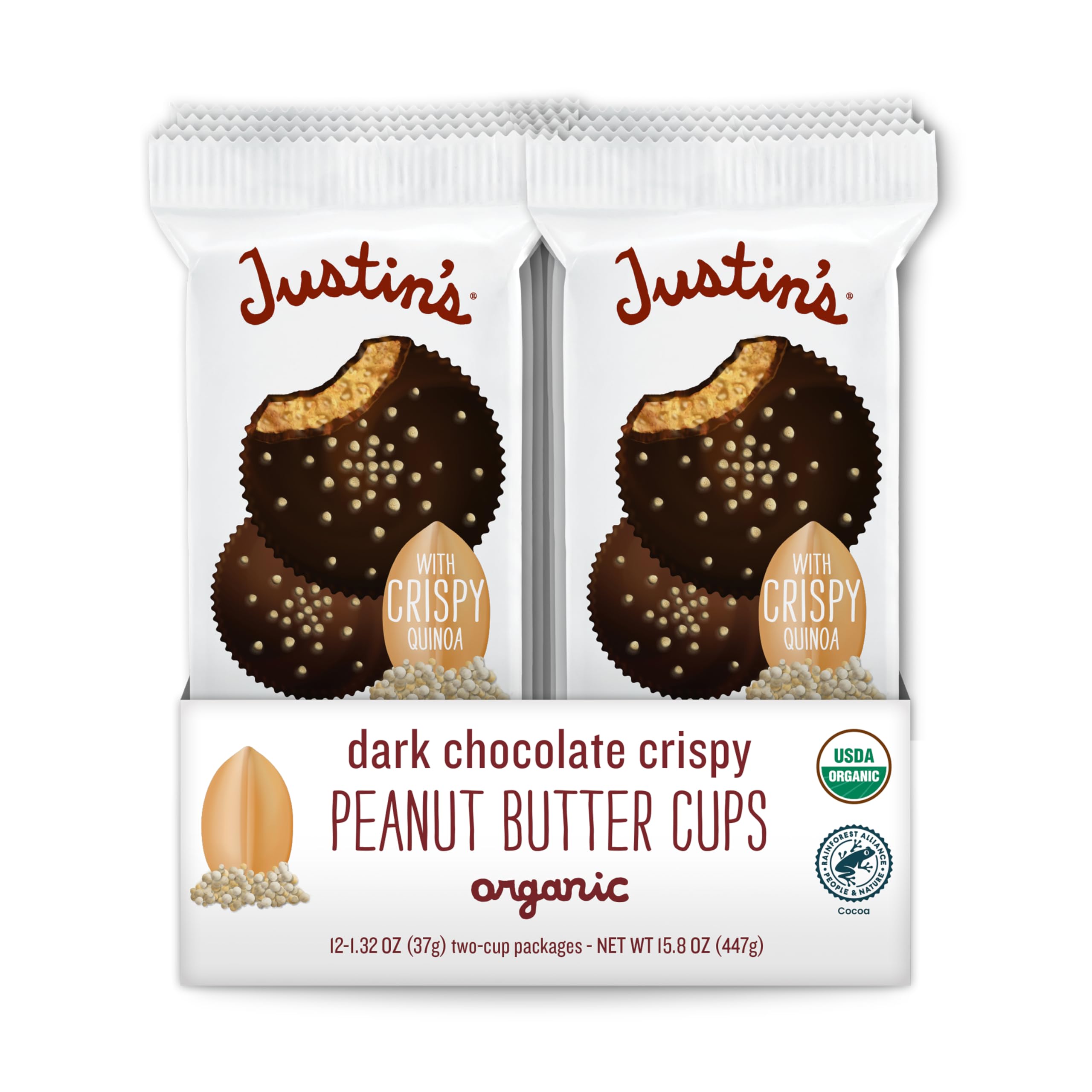 Justins's Organic Crispy Dark Chocolate Peanut Butter Cups, Rainforest Alliance Certified Cocoa, Gluten-free, Responsibly Sourced, 12 Pack (2 cups