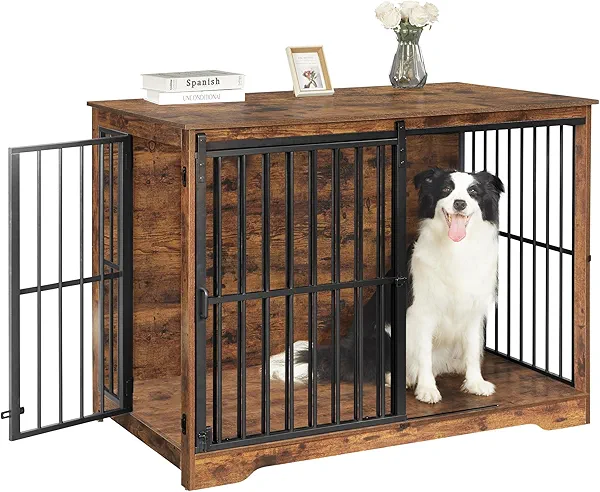 Hzuaneri XXL Large Dog Crate Furniture, 46.9" Indoor Dog Kennel Furniture with Barn Door, Wooden Tall Dog Crate, Heavy Duty Dog Cage for Large Dogs, Side End Table, Anti-Chew, Rustic Brown DFC83801B