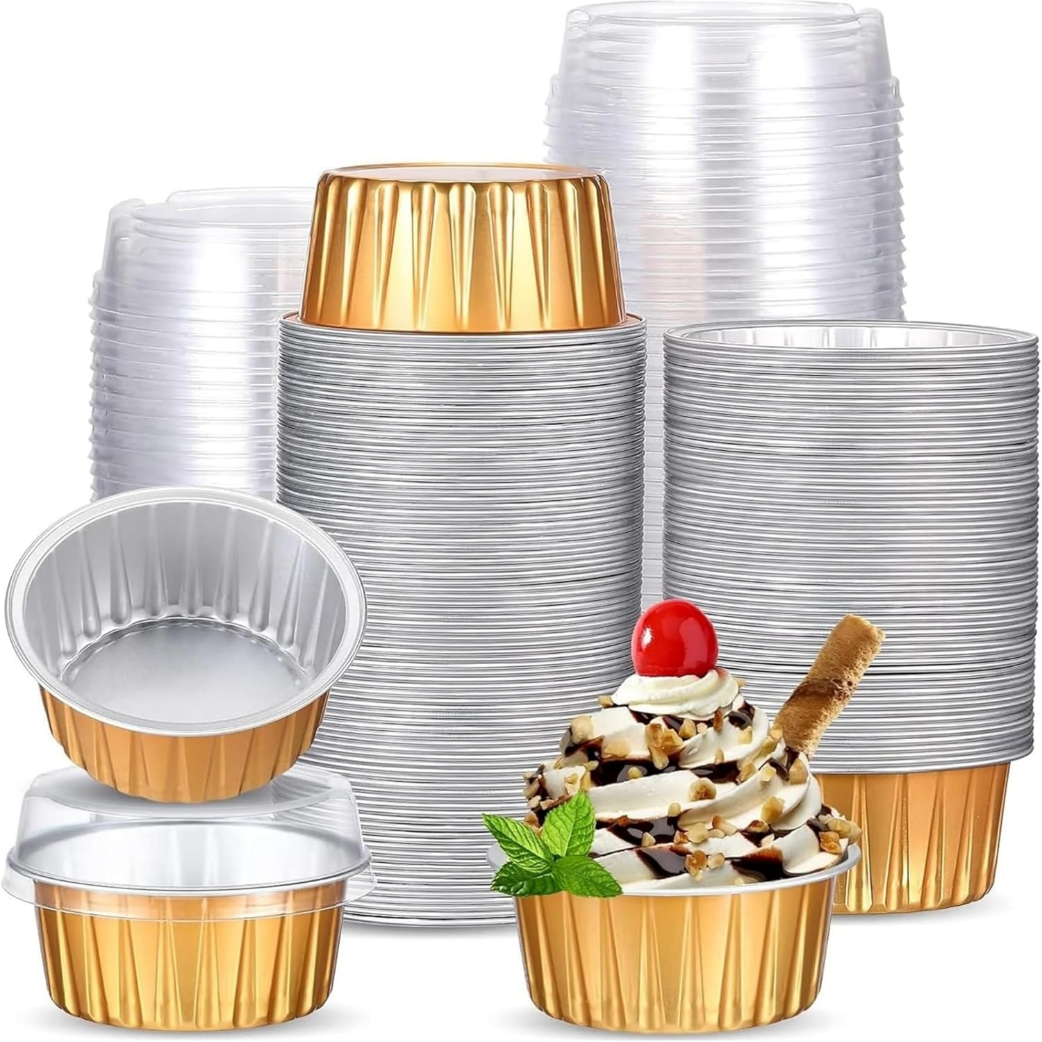 100-Pack Aluminum Foil Baking Cups with Lids, 5oz Muffin Cupcake Ramekins, 3" Recyclable Disposable Cupcake Liners, Mini Tart Pie Holder for Souffle, Pudding, Party, Wedding, Gold