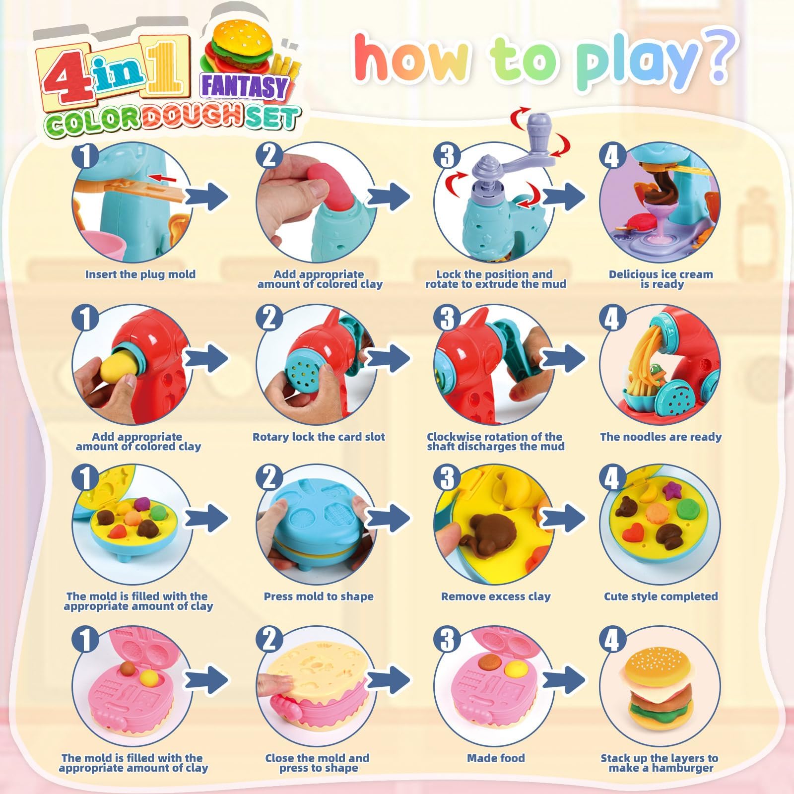 Spielzeug für 3–8 Jahre alte Kinder: Play Color Dough Set für Kinder, 4-in-1 Play Doh Zubehör mit Werkzeugen und Ausstechern, Geschenke für 3, 4, 5, 6, 7, 8 Jahre, Kinder, Kunst, Handwerk