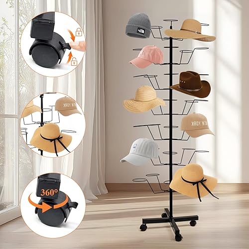 Miniatura 7 de uyoyous Perchero giratorio de 7 niveles con ruedas  Árbol de sombreros móvil de 360 para gorras, pelucas y sombreros  Organizador de exhibición de