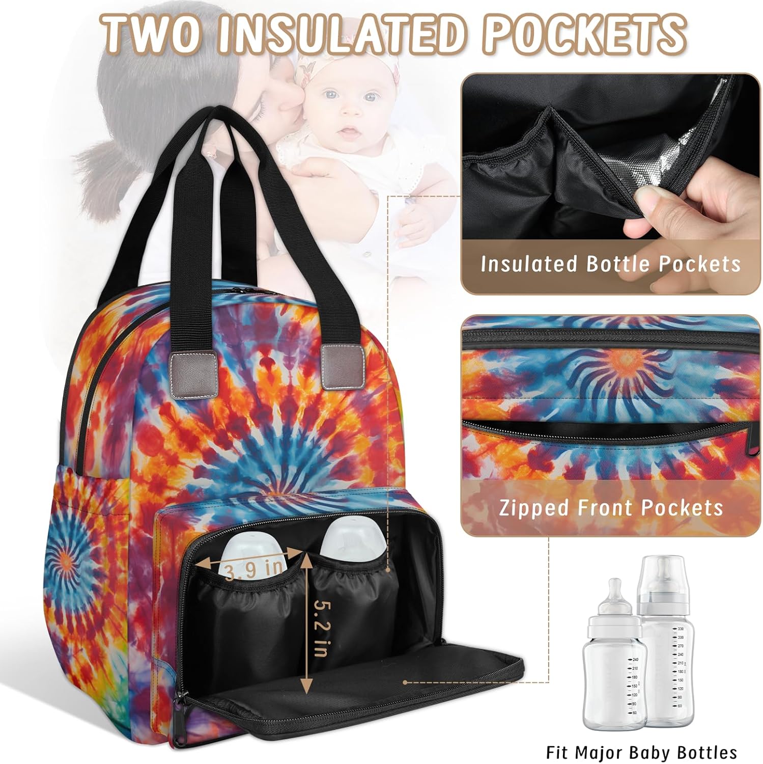 Tie Dye Diaper Bag Backpack for Travel, Waterproof Diaper Bag with Insulated Bottle Pockets & USB Port, Large Capacity Baby Bag for Moms & Dads