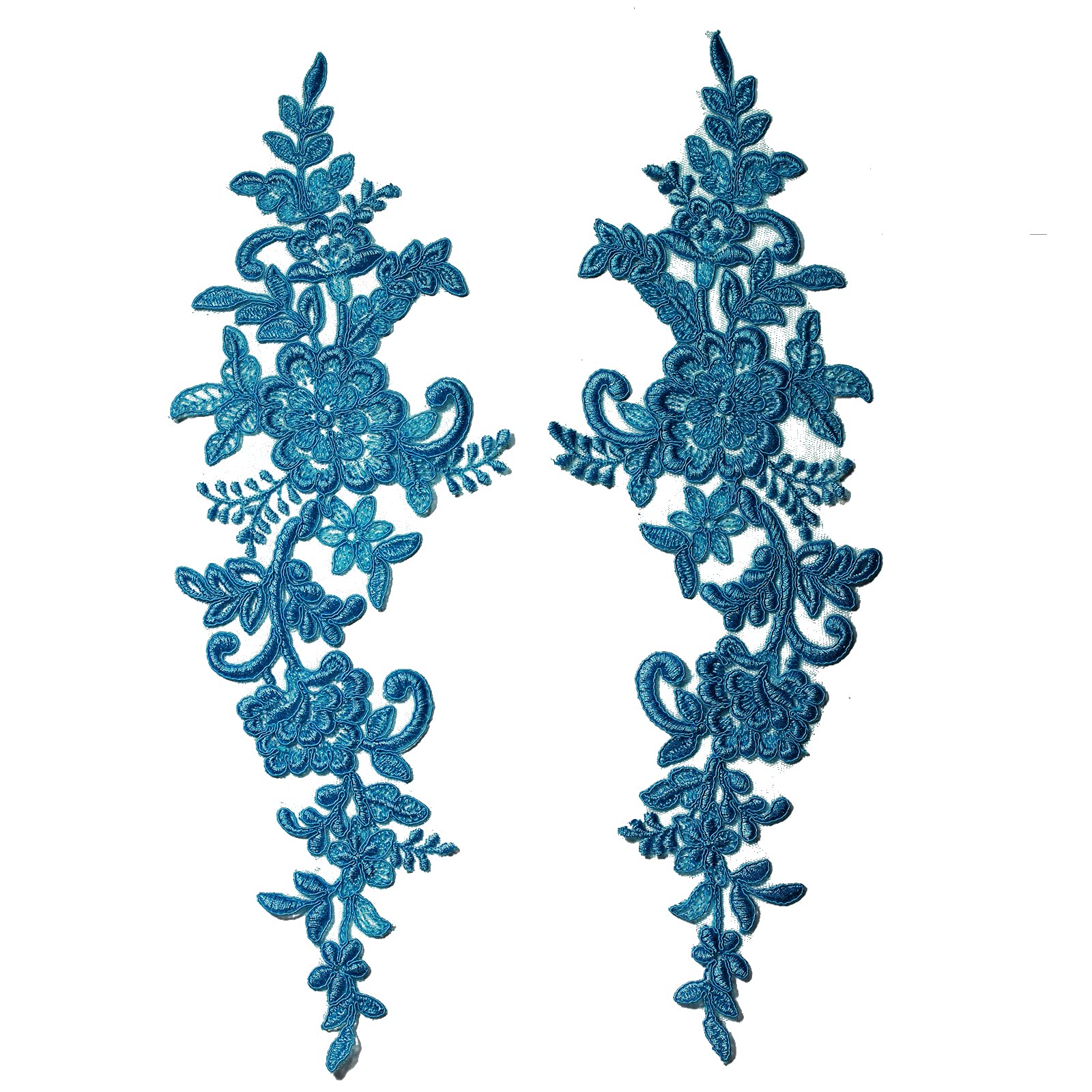 2 Pieces Extra Large Embroidered Bridal Lace Applique Trim Motif with Corded #41A (Turquoise)