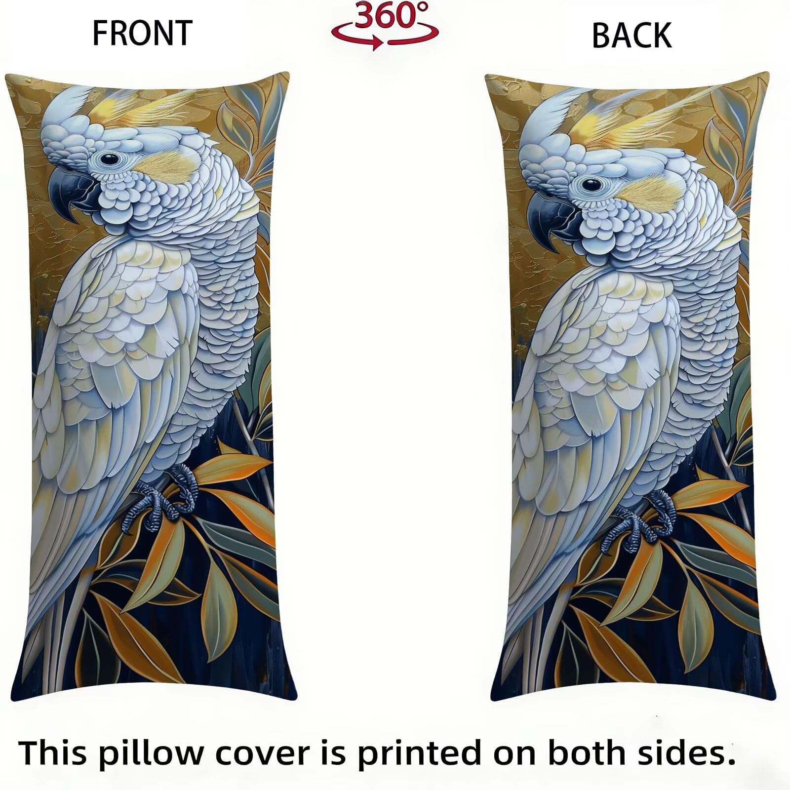 Funda de Almohada 60 x 180 cm Loro Protector Almohada 180 cm con Cremallera Invisible, Lino Durable y Transpirable Pillow Case Largas Blanco Impresión a Doble Cara para Cama, Sofá y Dormitorio dg-527