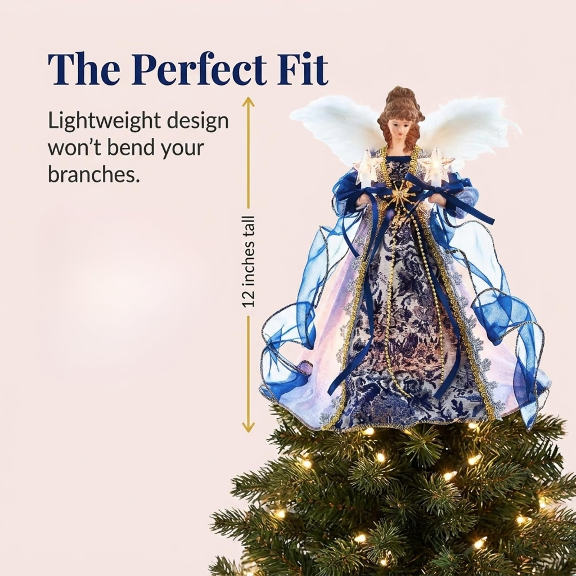 The Bridge Collection Elegante Blaue und goldene beleuchtete Engel-Baumspitze – beleuchteter Engel Weihnachtsbaumspitze für Urlaubsdekoration – Baumkrone Engel Dekor