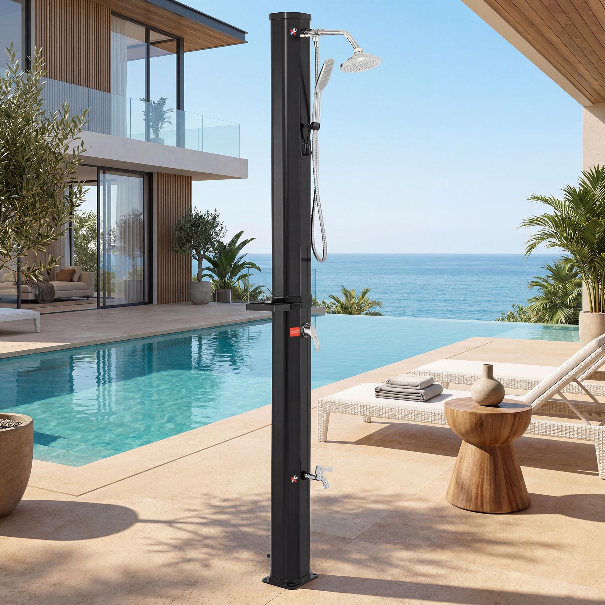 SOARS Solardusche 35L, Gartendusche bis 60°C mit Ablage, Handbrause, 360° Duschkopf & Fußdusche, Campingdusche mit Schutzhülle, Pooldusche, Außendusche für Garten, Pool, Camping & Strand, Schwarz