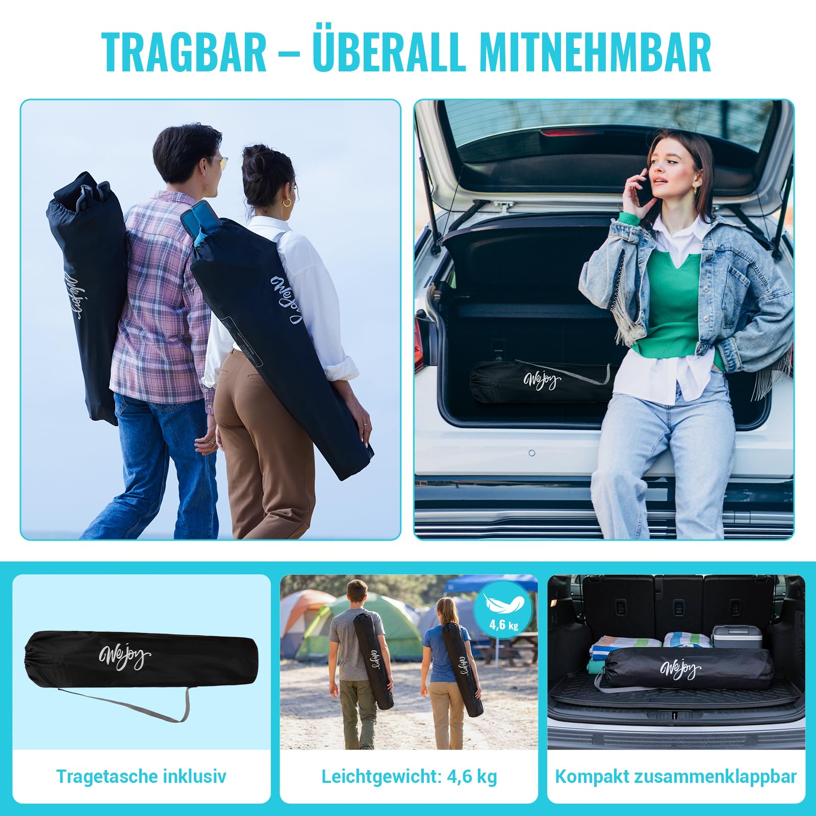 #WEJOY 2-in-1 Campingstuhl Faltbar mit Fußstütze, Gepolstert Liegestuhl mit Verstellbarer Rückenlehne, Relaxsessel Liege mit Getränkehalter, Liegestuhl für Outdoor Camping Cyan 2er Set