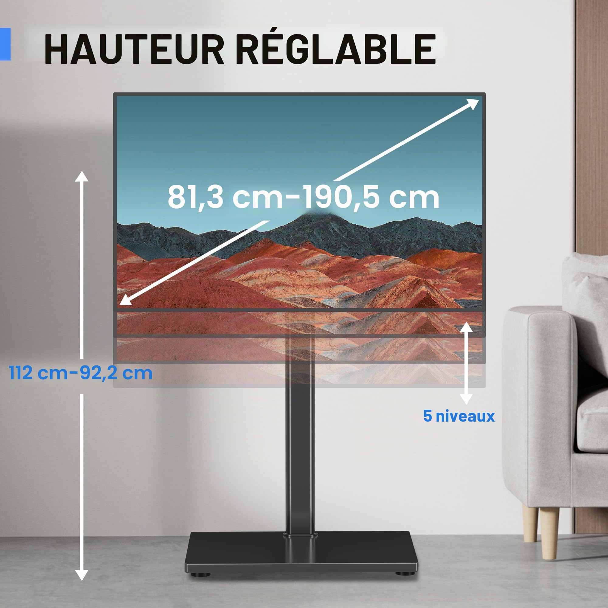 XINLEI Support TV Universel au Sol pour Écrans 32-75 Pouces, Support Mural Inclus, Gestion des Câbles, Charge Max 60 kg, VESA 600x400 mm, TS004H