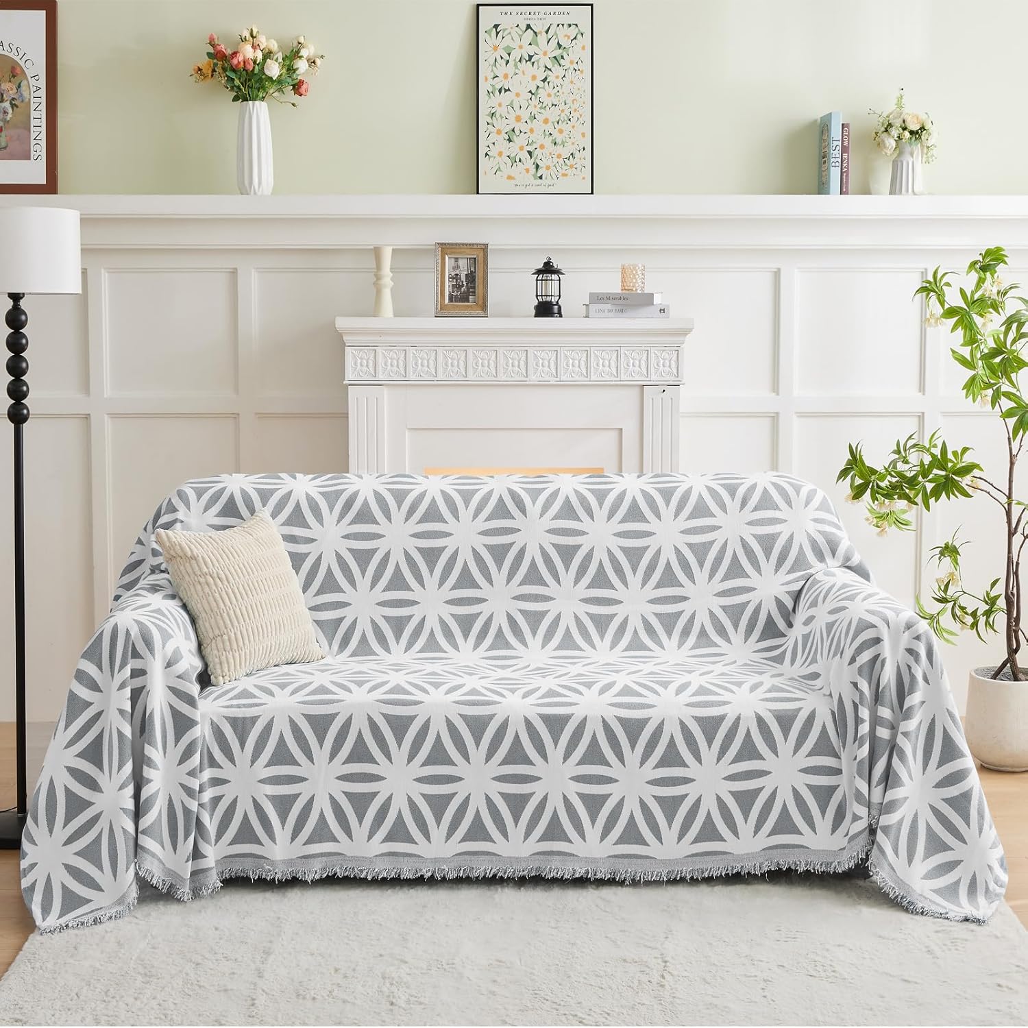 LOMAO Couch Cover Sofa Covers for 3 Cushion Sectional Couch Covers L Shape Couch Cover with Tassel Sofa Protector Washable Reversible Chenille Sofa Slipcover for Pet (1-Light Grey,Large(71 * 118))