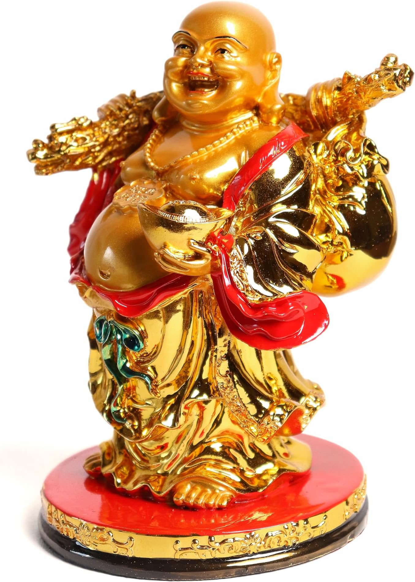 The Spiritual Living Resin Feng Shui Laughing Buddha Happy Man II Health Wealth Prosperity and Good Luck Ingot - 7.5 Inch Red & Gold