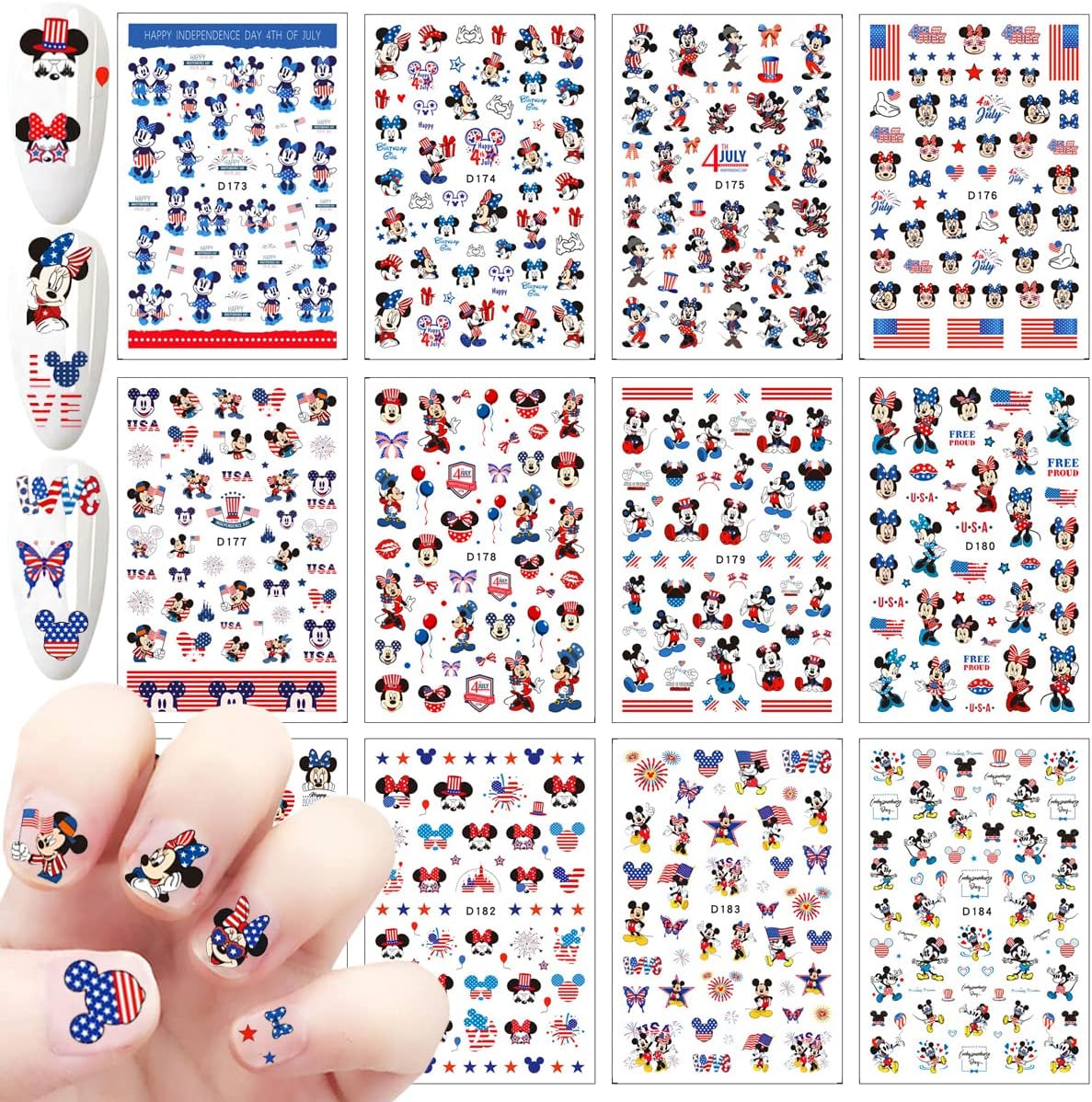 4th of July Nail Art Stickers Cute Cartoon Nail Decals Designer Nail Art Supplies 3D Patriotic American Flag Self-Adhesive DIY Nail Design Sticker for Independence Day Manicure Decoration 12 Sheets