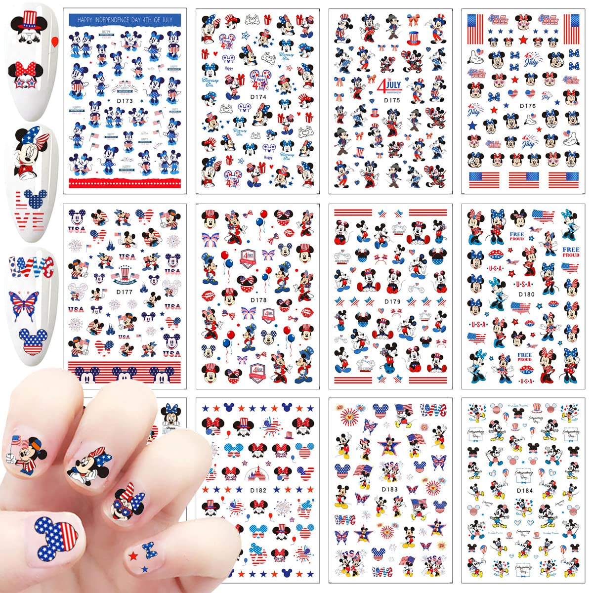 4th of July Nail Art Stickers Cute Cartoon Nail Decals Designer Nail Art Supplies 3D Patriotic American Flag Self-Adhesive DIY Nail Design Sticker for Independence Day Manicure Decoration 12 Sheets