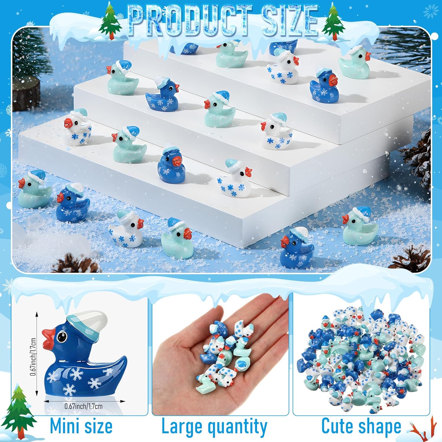 100 Pcs Winter Mini Resin Snowflake Ducks Tiny Resin Ducks Figurines Bulk Miniature Landscape Garden Accessories for Winter Christmas Xmas Holiday Decoration