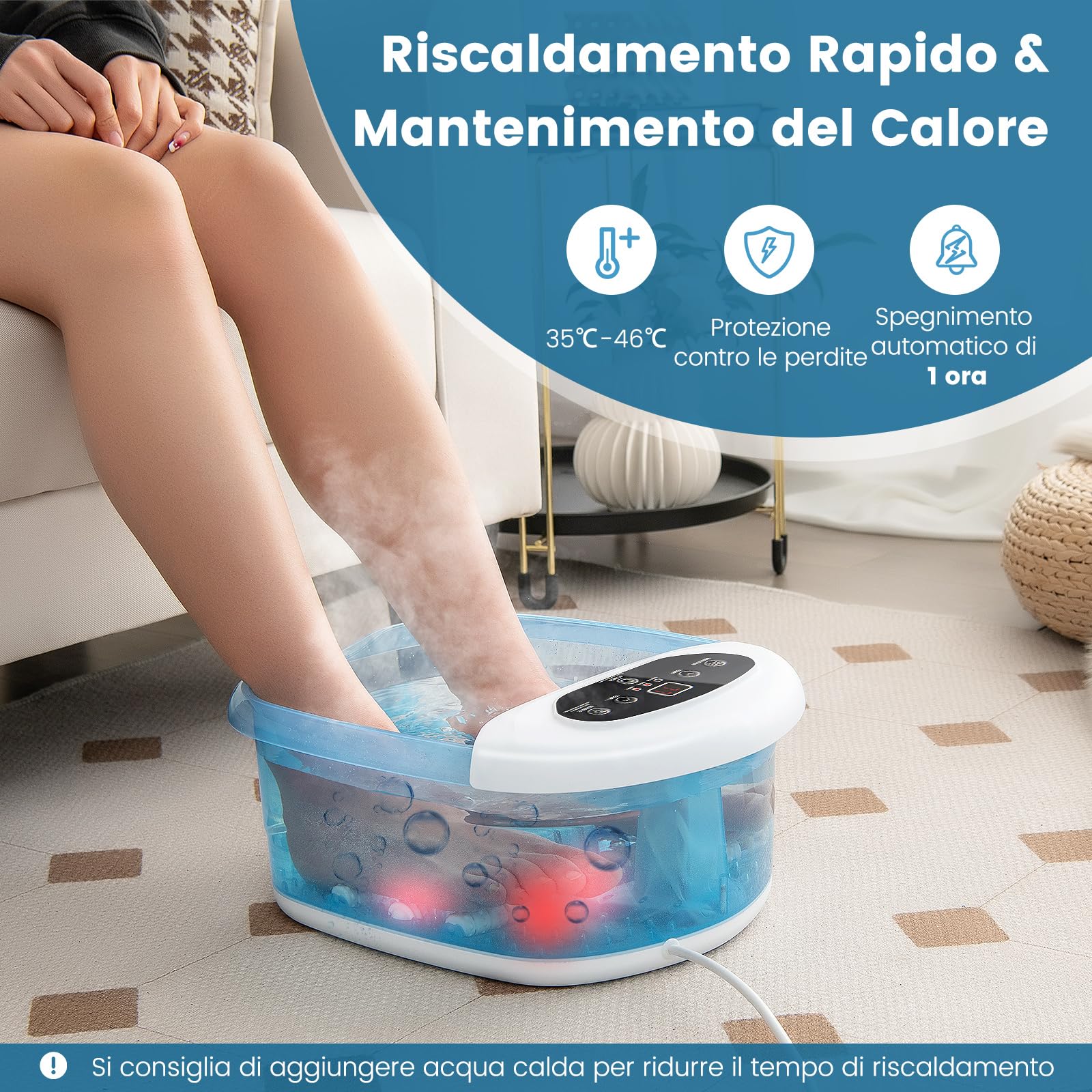 RELAX4LIFE Pediluvio Massaggiatore per Piedi con Rulli Massaggianti, Funzioni Riscaldamento 35℃-46℃, Vibrazioni, Bolle, Pietra Pedicure,Spenimento Automatico 1 Ora,Cavo 183cm,33x39x18cm (BluBlu)