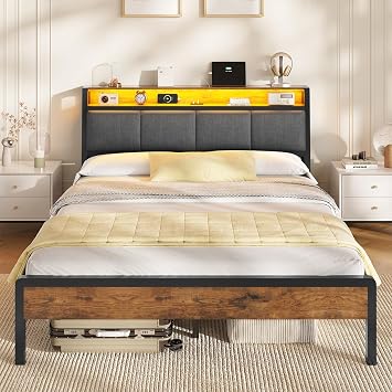 Double Bed Frame 135 x 190 cm with LED Light, Upholstered Headboard with Sockets, 4FT6 Upholstered Bed with Open Shelf, Metal Platform Support, Noise Free, No Box Spring Required, Easy Assembly, Brown