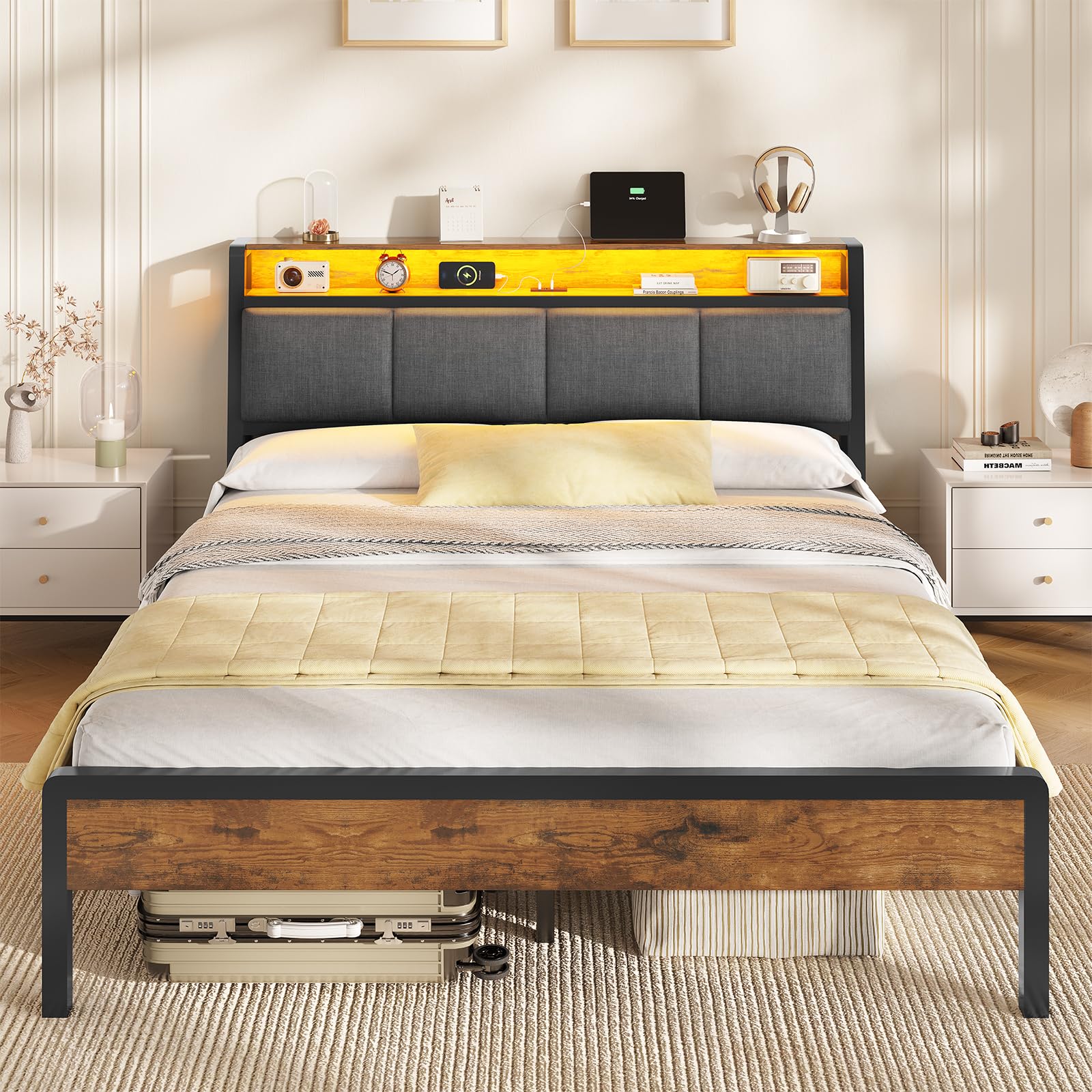 Double Bed Frame 135 x 190 cm with LED Light, Upholstered Headboard with Sockets, 4FT6 Upholstered Bed with Open Shelf, Metal Platform Support, Noise Free, No Box Spring Required, Easy Assembly, Brown