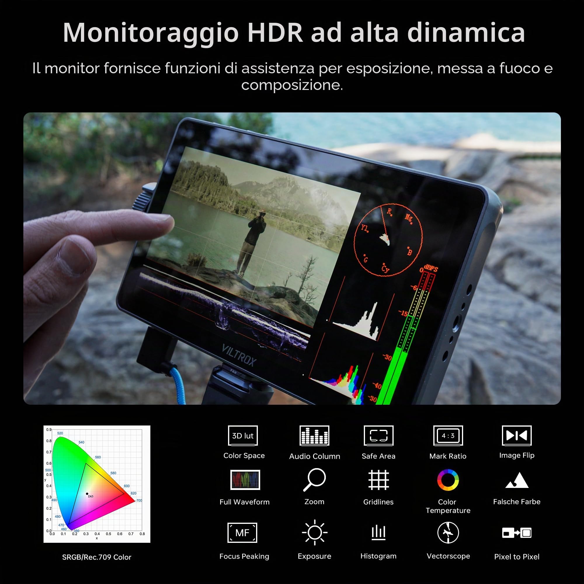 VILTROX DC-A1 2800 Nits Camera Field Monitor Touchscreen con 7 pollici Full HD 1920x1080 IPS 4K HDMI Loop in/Out, LUT 3D Forma d'onda Video Peaking Focus Assist, 170 ° Ampio Angolo di Visione
