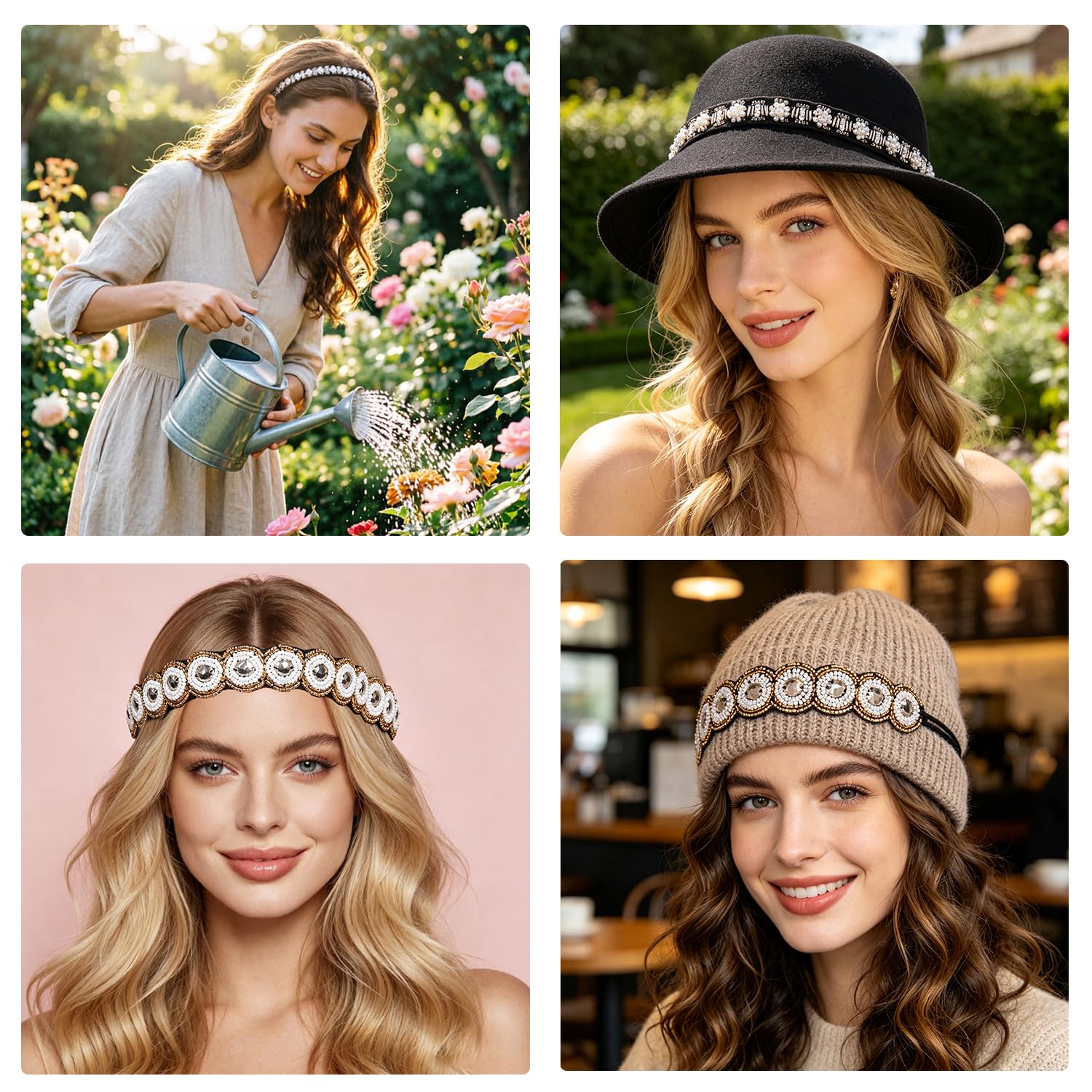 6PCS Rhinestone Beaded Headbands for Women, Handmade Crystal Elastic Hairbands 20-26.8 Inch, 1920s headpiece for Girls Jewels Hat Bands