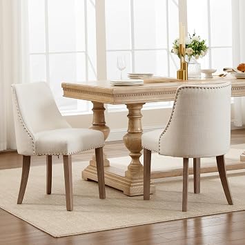 Mid Century Modern Dining Chairs Set of 2 Upholstered Linen Fabric Accent Chairs Wooden Side Chair for Living Room/Dining Room/Bedroom, Cream
