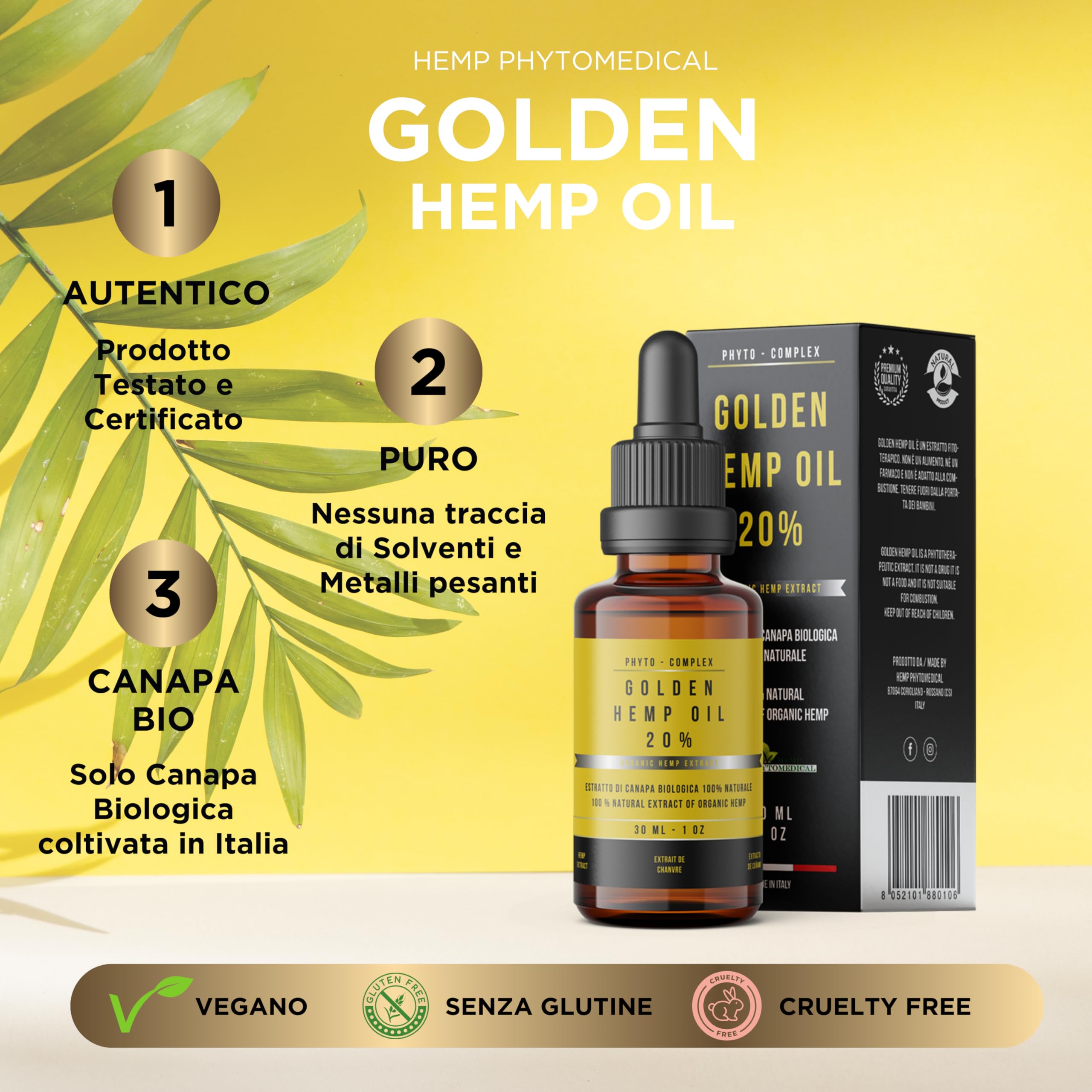 HEMP PHYTOMEDICAL Golden Hemp Oil 20% Olio di Canapa Certificato, 30 ml | Alta Concentrazione, Made in Italy