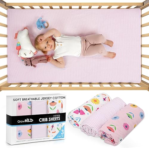 Miniatura 10 de GROW WILD Juego de 3 sábanas para cuna, suaves y elásticas, de algodón, para cuna, para niñas, lindas sábanas para bebé niña (corazones y flores)