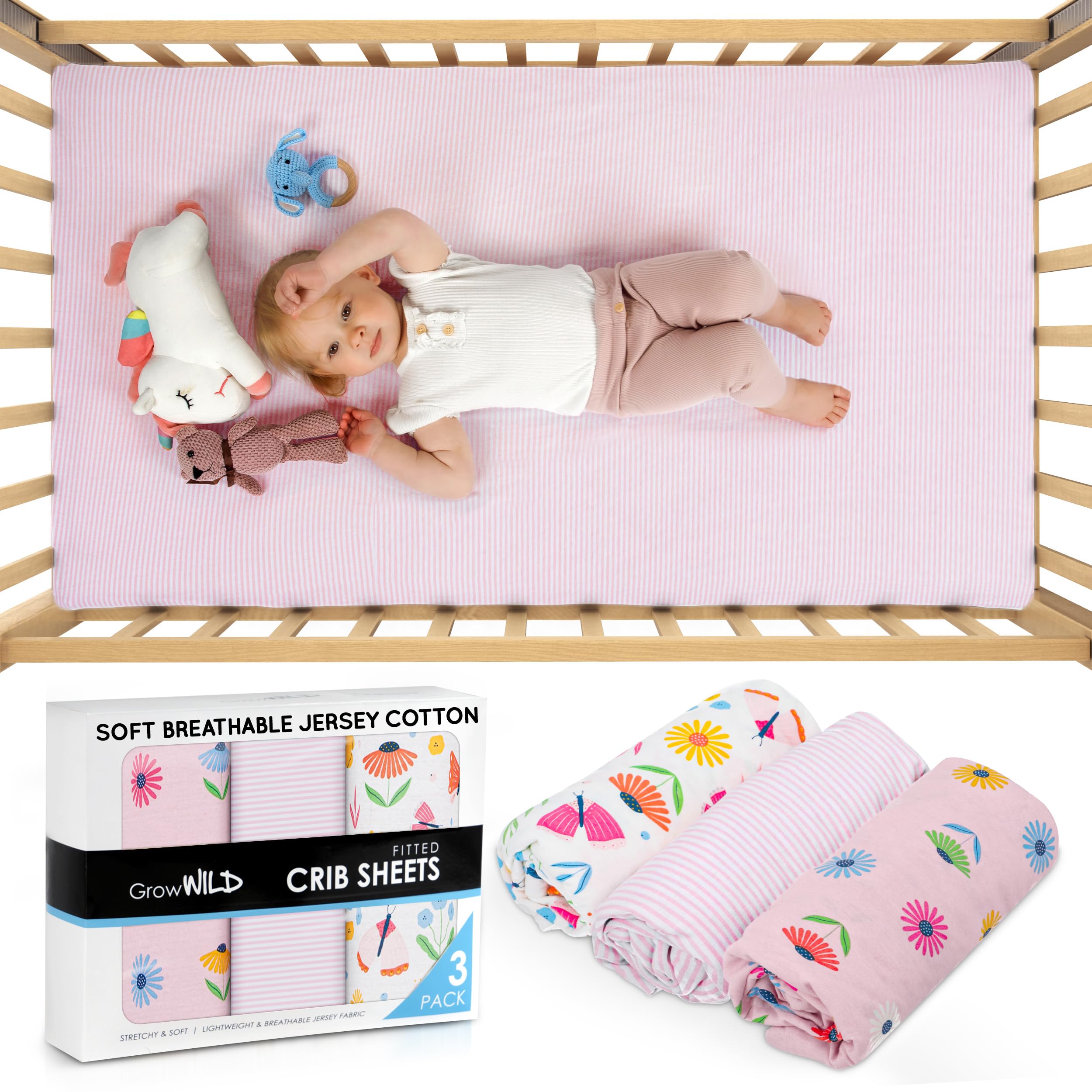 GROW WILD Butterflies & Flowers Fitted Crib Sheets Girl (3 Pack) - Soft Jersey Cotton Fitted Sheet, Toddler Bed Mattress & Baby Crib Bedding Set for Girls, Baby Girl Nursery Crib - Pink & White