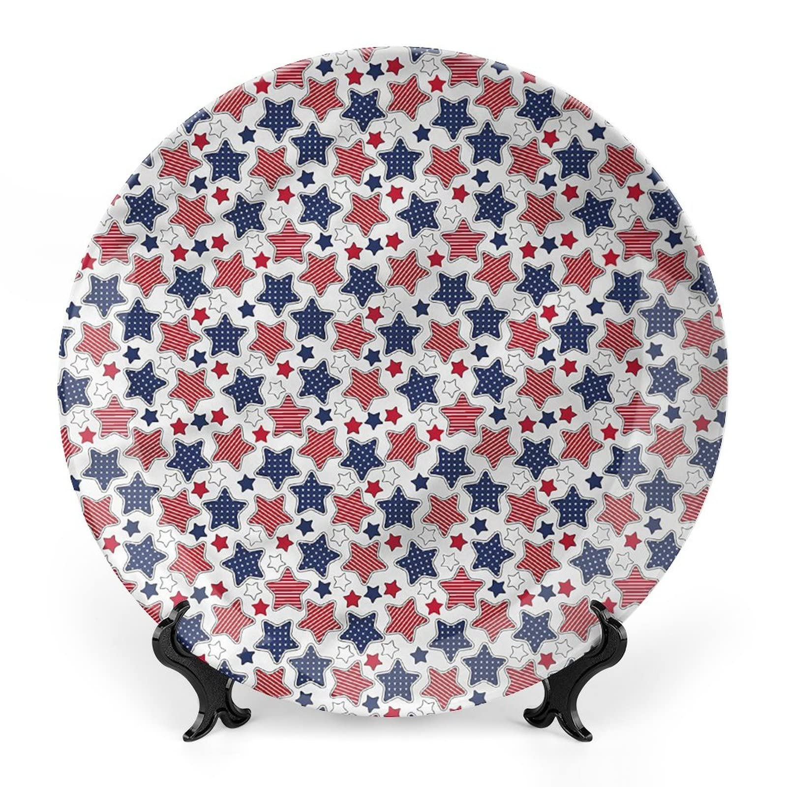 XISUNYA 6 Inch Decorative Plate, 4th of July Round Porcelain,Patriotic Stars Pattern Print Ceramic Wall Hanging Decor Accessory for Dining Table