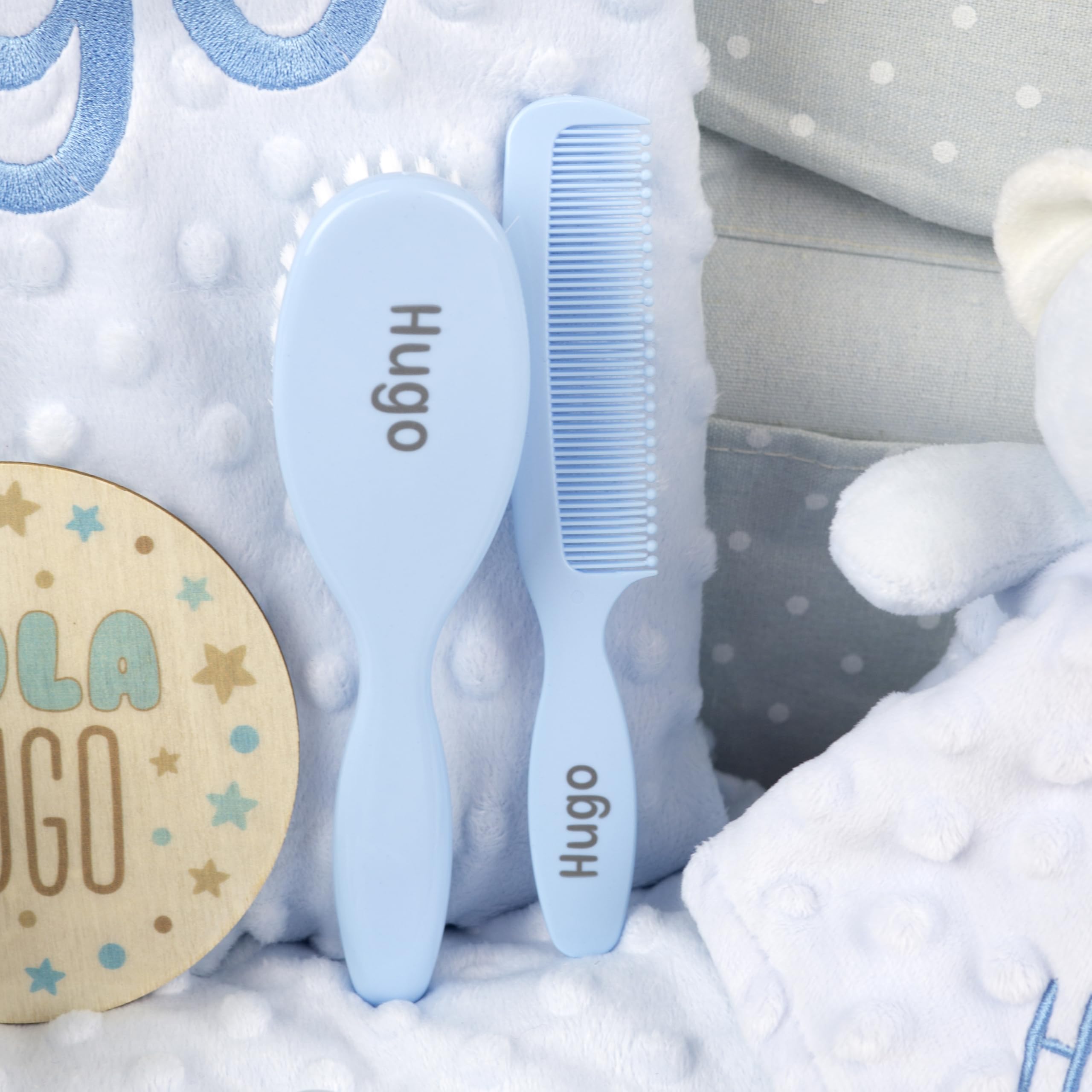 Canastilla Bebe Personalizada Azul | Cesta Bebe Recien Nacido con Manta, Doudou, Chupete, Pañales y Accesorios | Set Regalo Nacimiento Completo, Nombre Bordado, Poliéster